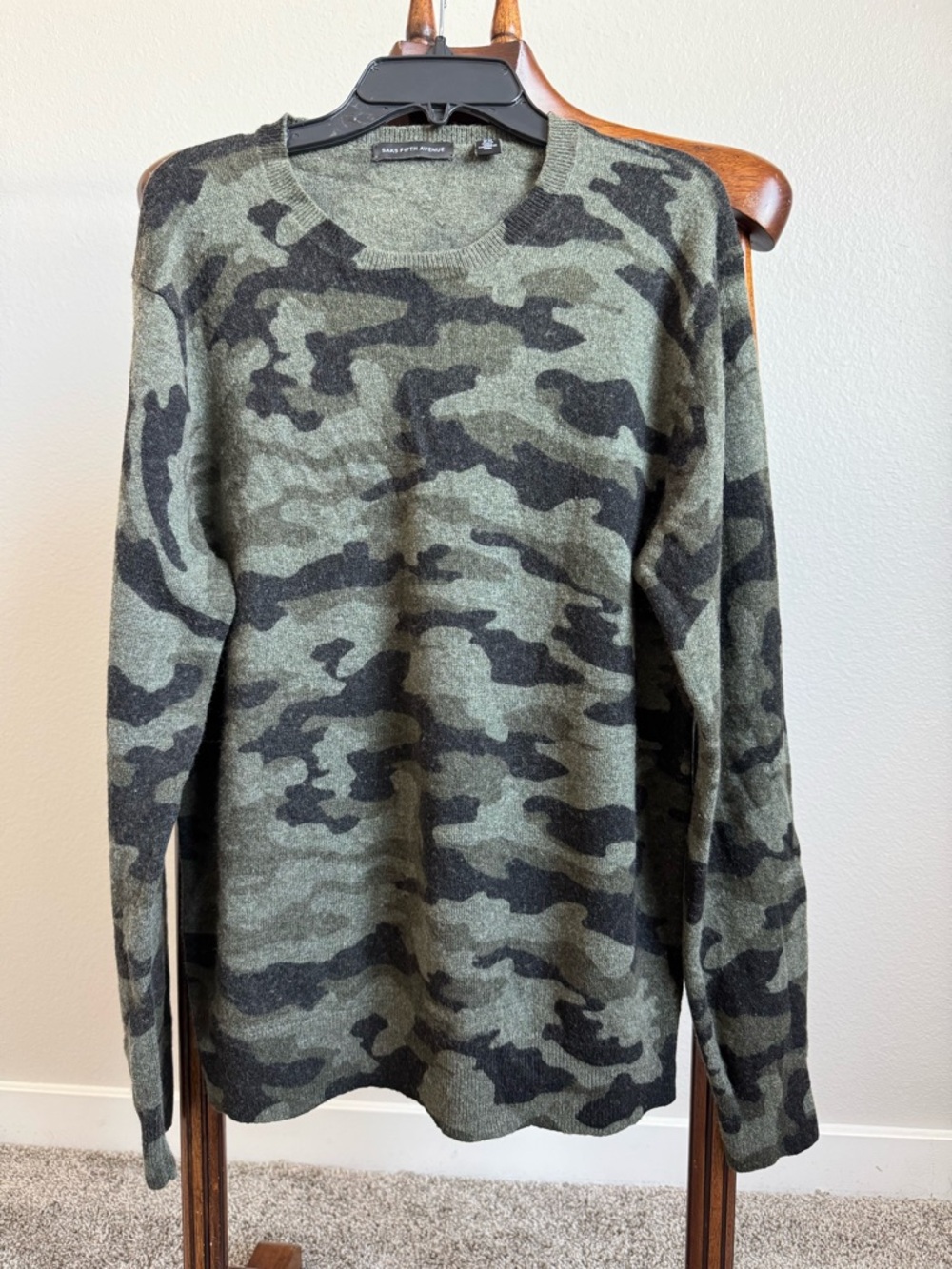 Saks Fifth Avenue Camo Sweater Wool Cashmere Blend Crewneck Army Green Size XL